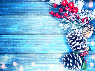 winter background with fir branches cones and snow