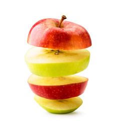 Apple red green mix falling on a white background. Isolated.