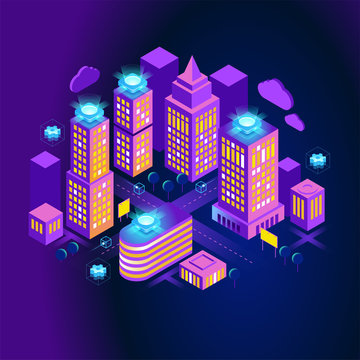 downtown vector concept. Concept home with technology system. 3d isometric vector illustration.