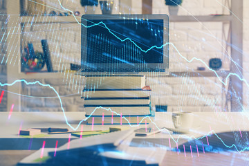 Multi exposure of forex chart and work space with computer. Concept of international online trading.