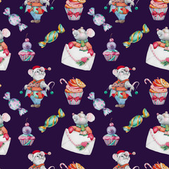 Seamless pattern with cute cartoon mouse with candy and cupcake..New Year's background.Chinese New Year of the Rat seamless pattern with painted watercolor anim..