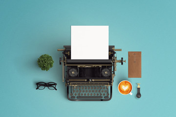  vintage typewriter paper and cup of coffee latte art on the color background