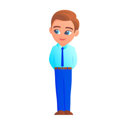 A smiling boy is standing in trousers, a blue shirt and tie. Hands behind. Cartoon vector isolated illustration.