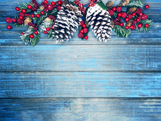 winter background with fir branches cones and snow