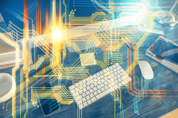 Multi exposure of table with computer and world map hologram. International data network concept.