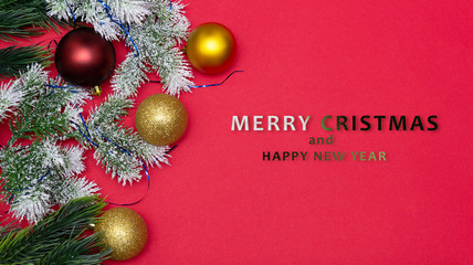 Christmas decor background with text merry cristmas, isolated on a red background.