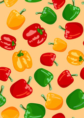 Seamless vector pattern with orange yellow, red and green bell peppers on a pastel background. Fresh organic vegetables on light yellow (trendy pastel) background. Bulgarian pepper. Minimalism style. 