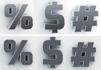 3d rendering of the  characters %, $, #  in blushed metal of a white isolated background. 3D render.