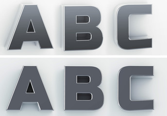 3d rendering of the letters A, B, C in blushed metal of a white isolated background. 3D render.