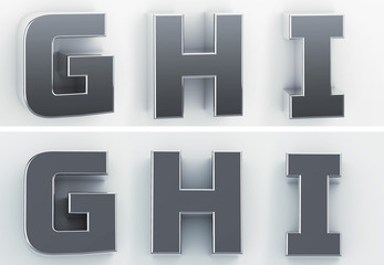 3d rendering of the letters G, H, I, in blushed metal of a white isolated background. 3D render.