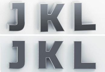 3d rendering of the letters J, K, L in blushed metal of a white isolated background. 3D render.