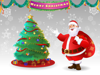 Santa Claus standing with Decorated Christmas Tree and Wishing Merry Christmas