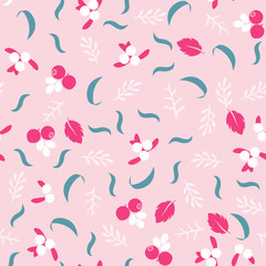 Vector flat flowers and berries seamless pattern design.