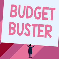 Conceptual hand writing showing Budget Buster. Concept meaning Carefree Spending Bargains Unnecessary Purchases Overspending Short hair woman dress hands up holding blank rectangle
