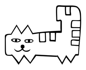 Cartoon funny drawing of cat in a black and white. Vector graphics art.