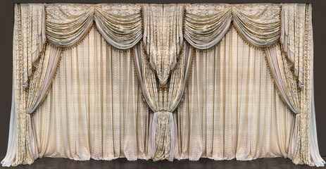 Luxurious beige lace curtains with frill and pelmet - obrazy, fototapety, plakaty