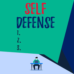 Handwriting text Self Defense. Conceptual photo the act of defending one s is demonstrating when physically attacked View young man sitting chair desk working open laptop geometric background