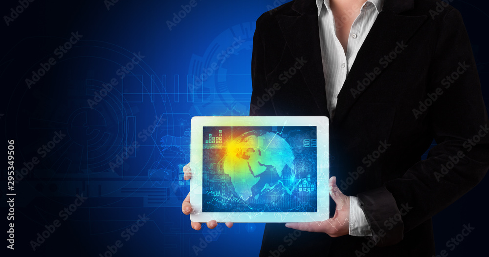 Poster hand holding tablet with global database concept