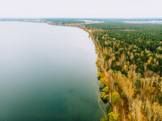 Obraz premium Beautiful blue lake and autumn, yellow forest Park. Top view of the road.