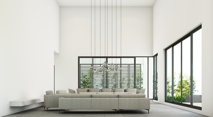 Modern minimal style of living and dining area with sofa set and grey tile floor. 3d rendering