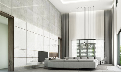 Modern minimal style of living and dining area with sofa set, white marble wall decorate and grey floor tile. 3d rendering