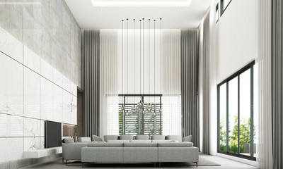 Modern minimal style of living and dining area with sofa set, white marble wall decorate and grey floor tile. 3d rendering