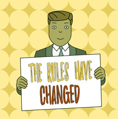 Conceptual hand writing showing The Rules Have Changed. Concept meaning the agreement or Policy has a new set of comanalysisds Smiling Man Holding Suit Poster Board in Front of Himself