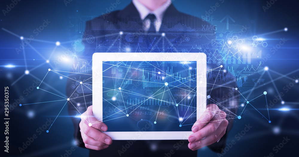 Aufkleber Elegant hand holding tablet with virtual database and network concept