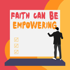 Conceptual hand writing showing Faith Can Be Empowering. Concept meaning Trust and Believing in ourselves that we can do it Back view young woman watching blank big rectangle