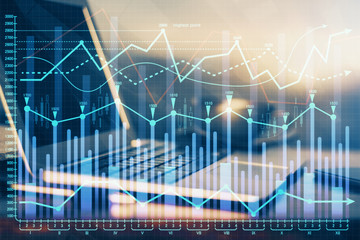 Multi exposure of forex chart and work space with computer. Concept of international online trading.