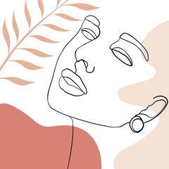 Continuous line, drawing of woman face, fashion concept, woman beauty minimalist with geometric doodle Abstract floral elements pastel colors. One line continuous drawing. vector illustration
