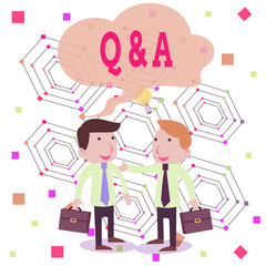 Writing note showing Q And A. Business concept for a period of time or an occasion when someone answers questions Two White Businessmen Colleagues with Brief Cases Sharing Idea Solution