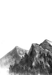 Black and white image. Ink Chinese mountain landscape. Mountains in the fog. Trees on the mountain. Ink image. Pines. Hill, mountain, peak