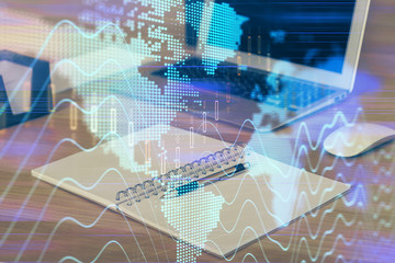 Multi exposure of graph and financial info and work space with computer background. Concept of international online trading.