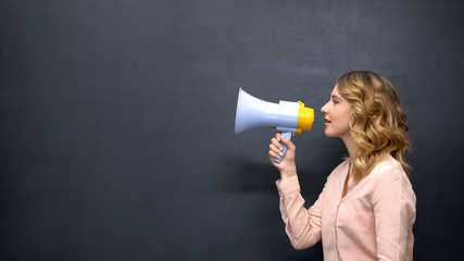 Woman with megaphone announcing motivational tips, search for job candidates