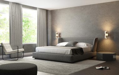 Grey contemporary luxury modern bedroom with stool and a carpet	 - obrazy, fototapety, plakaty