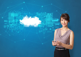 Young smiling person presenting cloud technology concept