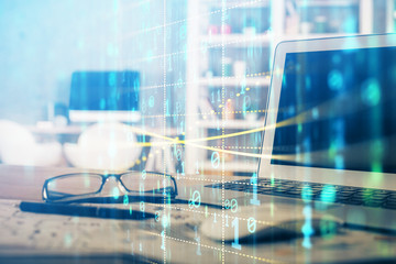 Technology theme drawing and table with computer. Multi exposure. Concept of information.