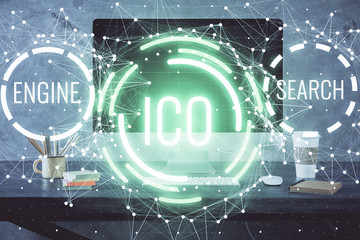 Multi exposure of blockchain theme hologram and table with computer background. Concept of bitcoin crypto currency.