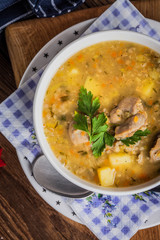 Soup with barley and chicken gizzards.