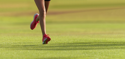 Runner athlete feet running on grass. Female fitness sunlight jogging workout. Sport athlete active lifestyle concept. Athletic pair of legs running on grass during sunset city park