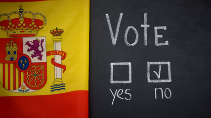 Fototapeta na wymiar Spanish flag on background, no answer marked in election vote, independence