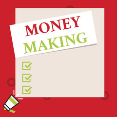 Conceptual hand writing showing Money Making. Concept meaning producing a profit especially with little effort Profitable Speaking trumpet on left bottom and paper to rectangle background