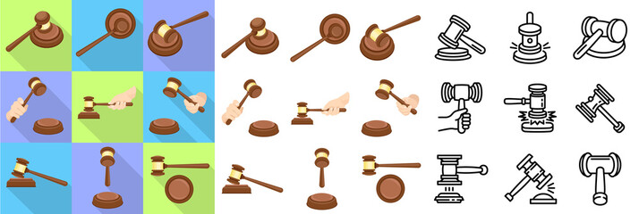 Judge hammer icons set. Flat and outline set of judge hammer vector icons for web design