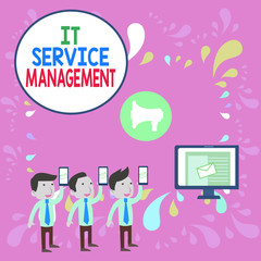 Word writing text It Service Management. Business photo showcasing Activity Directed by Policies Lifecycle of Technology SMS Email Marketing Media Audience Attraction Personal Computer Loudspeaker