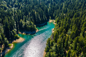 Aerial panoramic view of Lokvarsko Lake, beautiful mountain landscape on sunny summer day, Lokve, Gorski kotar, Croatia