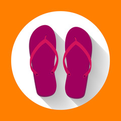 Purple beach sandals or slippers icon with long shadow. Flat design style.