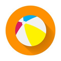 Summer colored rubber inflatable beach ball. Beach Ball flat icon with long shadow on orange background.