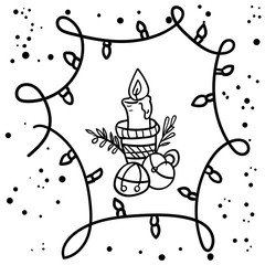 Vector image of a candle in a candlestick with christmas bells. Garland frame. Coloring page or book, antistress, hobby. Decoration for a cozy home. - Vector. Vector illustration