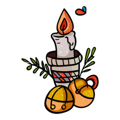 Vector image of a candle in a candlestick with christmas bells. Decoration for a cozy home. - Vector. Vector illustration